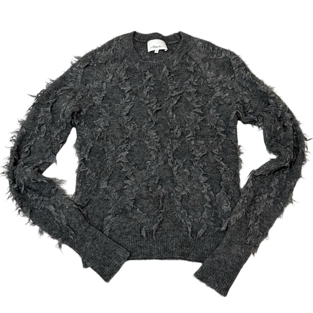 3.1 Phillip Lim Destroyed Diamond Fringe Sweater Mohair Wool Blend Gray Small